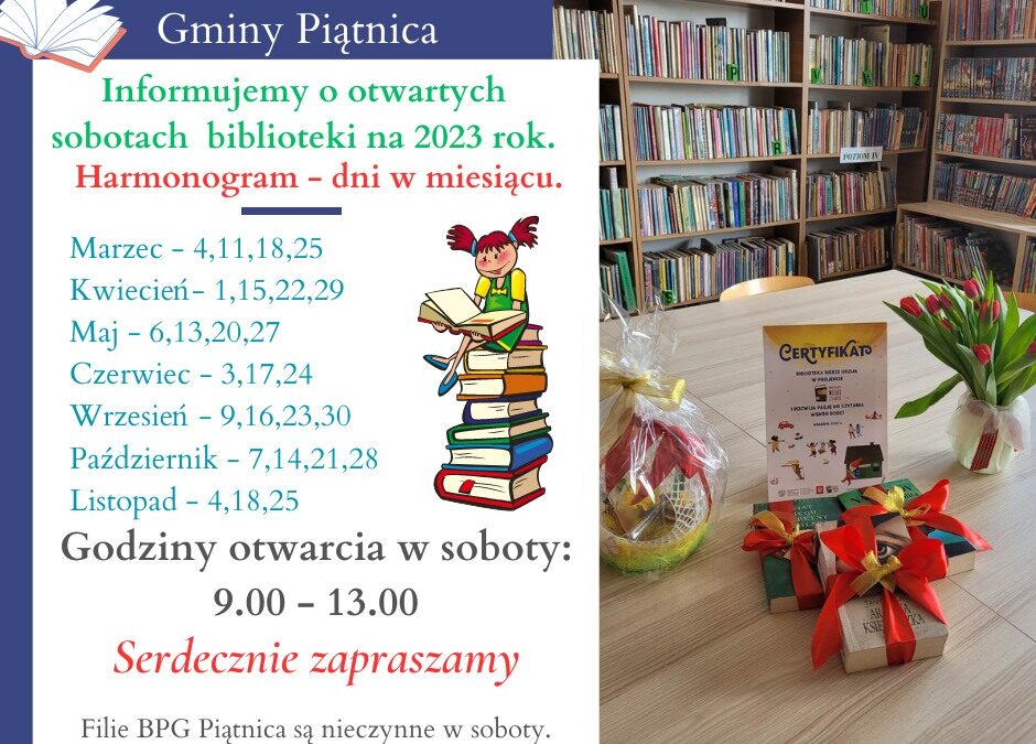 Biblioteka otwarta w SOBOTY – Harmonogram.