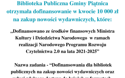 Otrzymanie dofinansowania na zakup nowości wydawniczych.